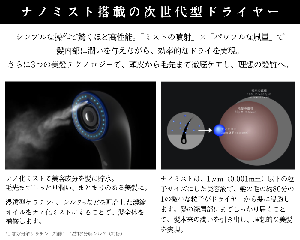 ナノミストとパワフルな風量を融合したブライト シャワードライヤー。シンプル操作で髪内部に潤いを与えながら効率的に乾かす高性能ドライヤー