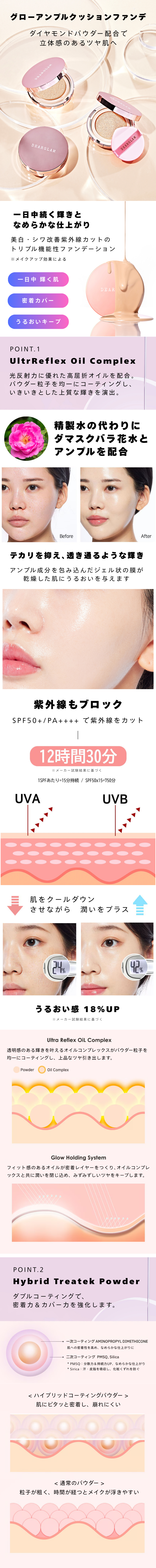 DEARGLAM グローアンプルクッションファンデーション 本体+リフィル。上品なツヤ肌を実現するファンデーションです。オイルコンプレックスが透明感のある輝きを演出します。