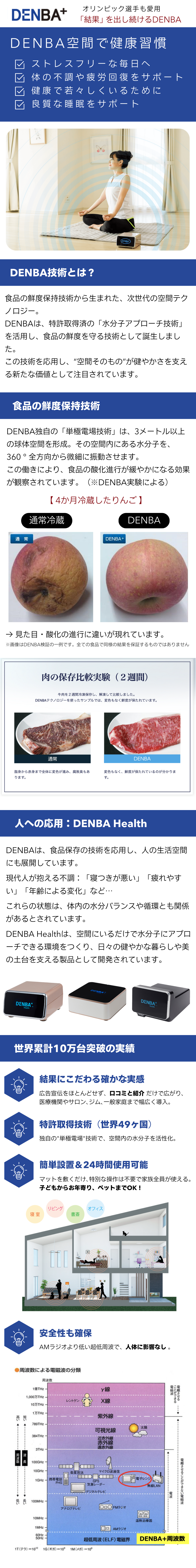 DENBA Healthは単極電場技術により体内の水分子にアプローチし、睡眠・疲労・エイジングなど現代人の不調をケアする健康サポート機器です。