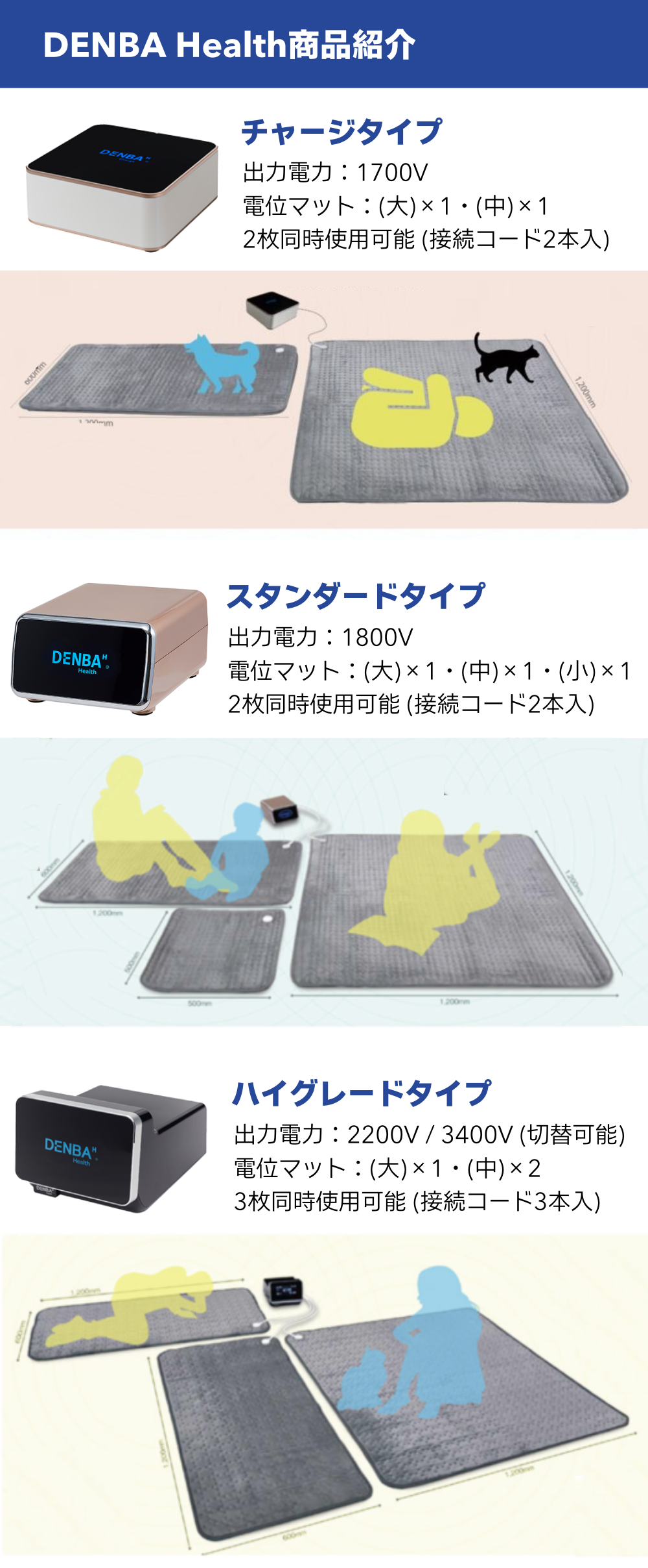 DENBA Healthのラインナップ。チャージタイプ・スタンダードタイプ・ハイグレードタイプの3種類から、使用目的やライフスタイルに合わせて選べます。