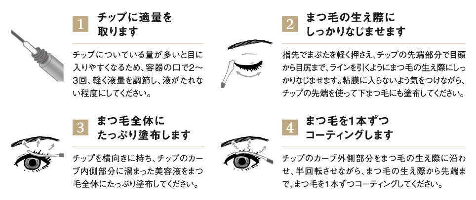 フェース 
 グロウアイラッシュセラム Ⅱの使用方法。片目あたりチップ1回分を、1日2回、朝晩の洗顔後に清潔なまつ毛へ塗布してください。