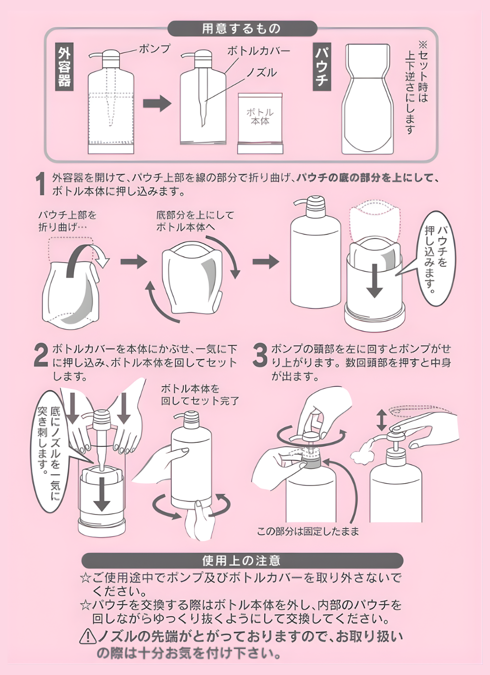 季令モイスチャーゲル業務用の詰替えパウチのセット方法と使用上の注意
